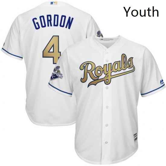 Youth Majestic Kansas City Royals 4 Alex Gordon Authentic White 2015 World Series Champions Gold Program Cool Base MLB Jersey